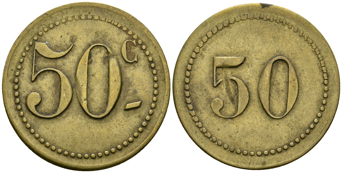 Франция 50 сантимов XIX-XX век ресторанный жетон латунь 4166-1256