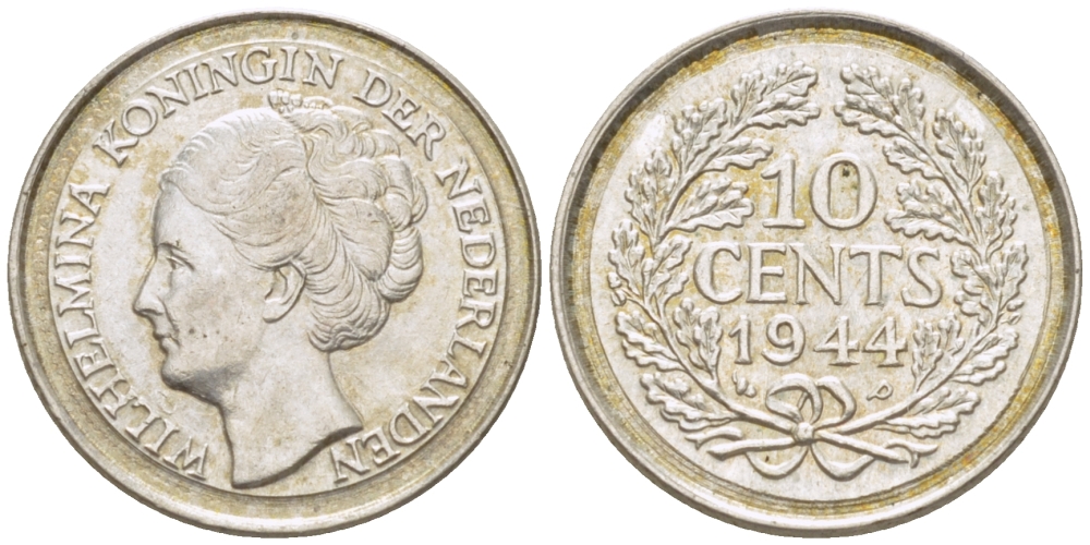 Нидерланды 10 центов 1944 Вильгельмина (1890-1948) KM 163 серебро aUNC 66-1269
