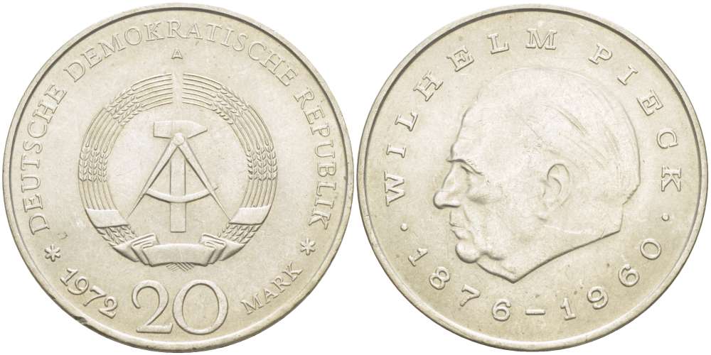 ГДР 20 марок 1972 А, Вильгельм Пик (1876-1960) KM 42 медно-никель 4521-512