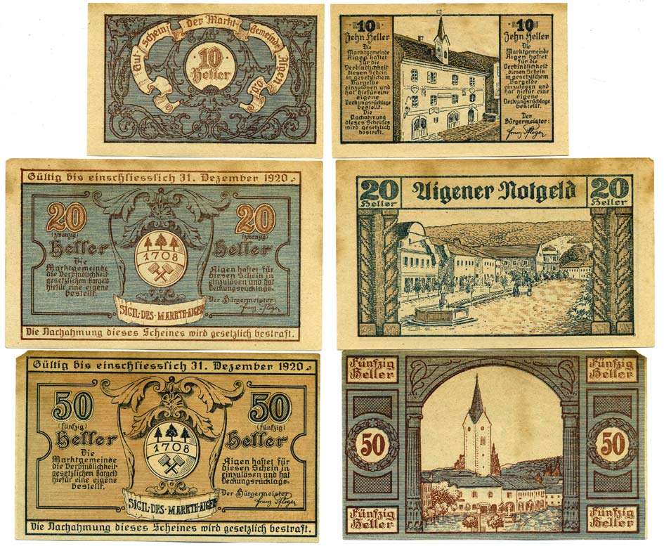 Австрия, Айген набор из 3 банкнот 10, 20, 50 геллеров 1920 31 декабря 1920, нотгельд, земля Штирия   бумага  аUNC  7555-15-3-1