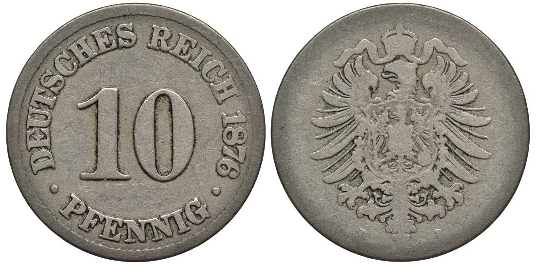 ГЕРМАНИЯ 10 ПФЕННИГОВ 1876 B, СТАРОГЕРБОВКА KM 4, Jager 4, Weege 7 медно-никель 4546-1136