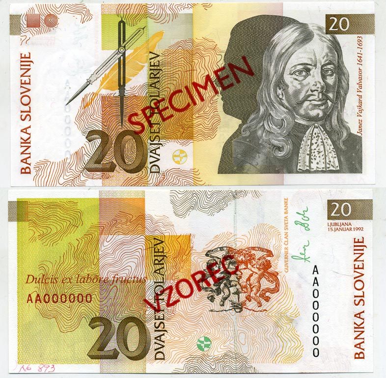 Словения 20 толаров 1992 Янез Вайкард Вальвазор, SPECIMEN, образец Pick 12 s бумага UNC (пресс) 451-366-3