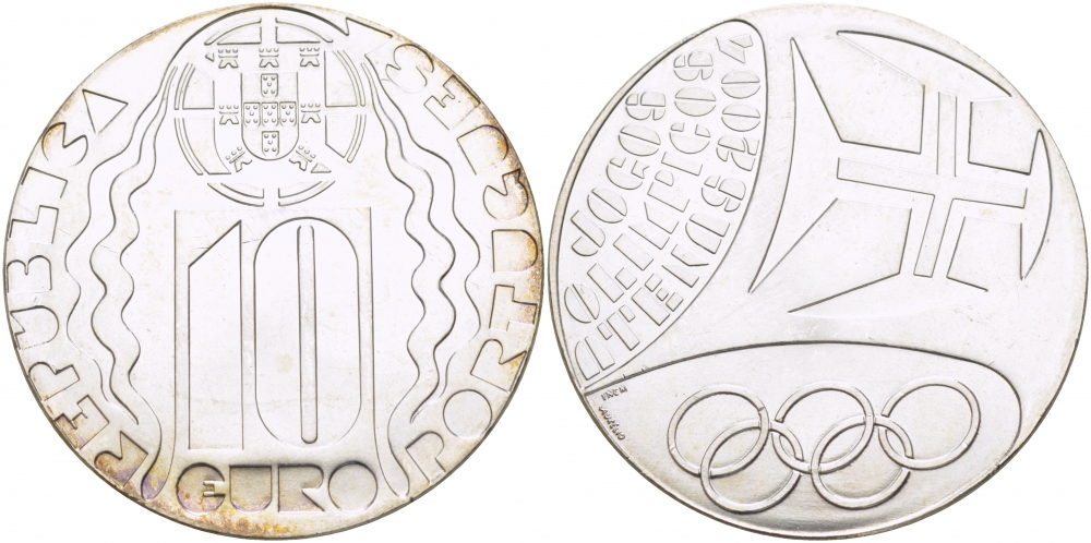 ПОРТУГАЛИЯ 10 ЕВРО 2004 ОЛИМПИЙСКИЕ ИГРЫ КМ 759 серебро UNC 06-255-21