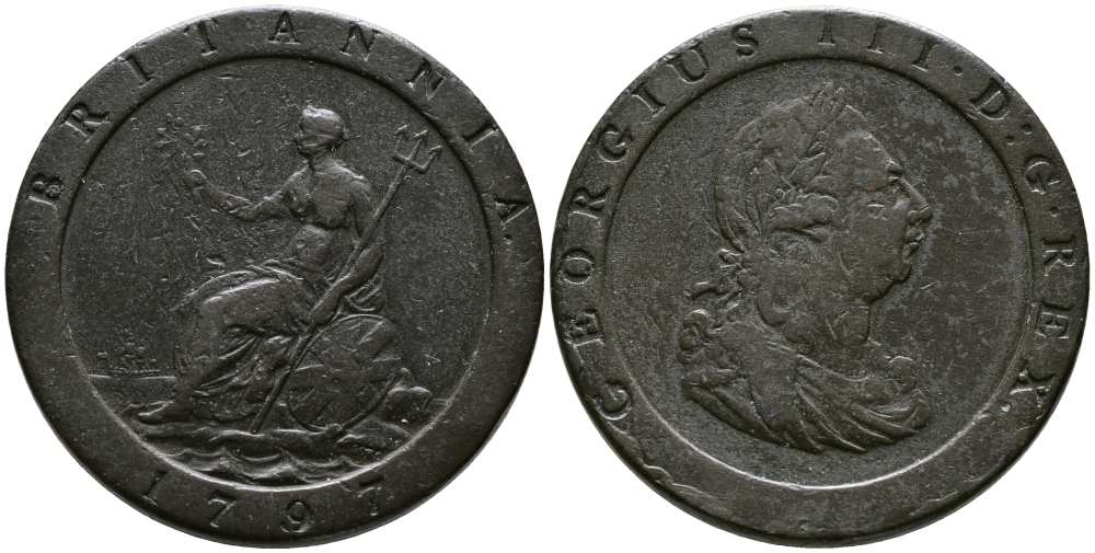 Великобритания 1 пенни 1797 Георг III (1760-1820) KM 618, Spink 3777 медь 1518-241