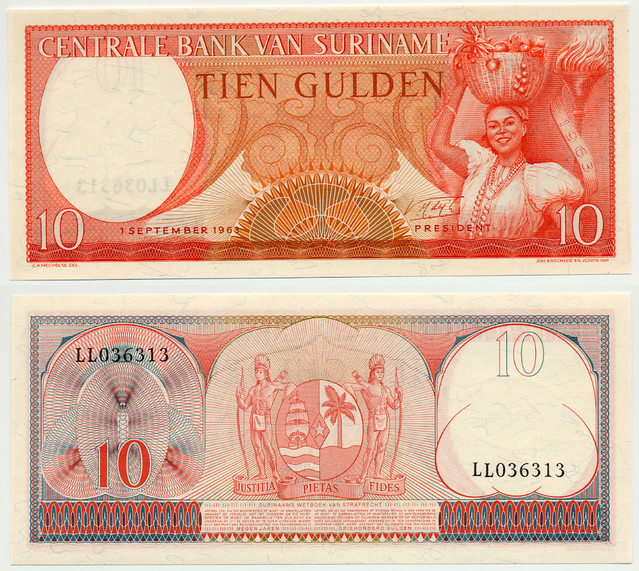 Суринам 10 гульденов 1963 женщина с фруктами Pick 121 b бумага UNC (пресс) 7485-41-2