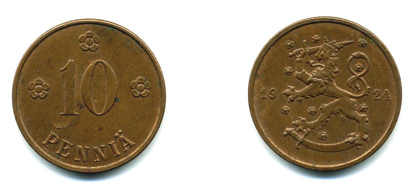 Финляндия 10 пенни 1924 республика (1918-1962) KM 24 медь 46-1159
