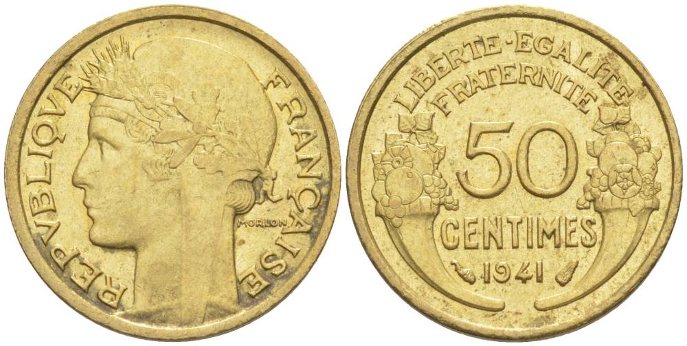 ФРАНЦИЯ 50 САНТИМОВ 1941 ТИП MORLON KM 894.1, LE FRANC 192.18 алюминиевая бронза 44-548
