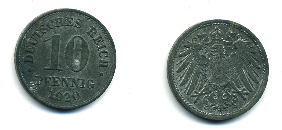 ГЕРМАНИЯ 10 ПФЕННИГОВ 1920 KM 26, J. 299 цинк 54-517