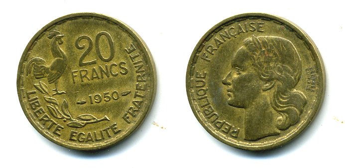 ФРАНЦИЯ 20 ФРАНКОВ 1950 3 ПЕРА, ПОЛНАЯ ПОДПИСЬ KM 916.1, LEW FRANC 401.1 алюминиевая бронза 25-2312