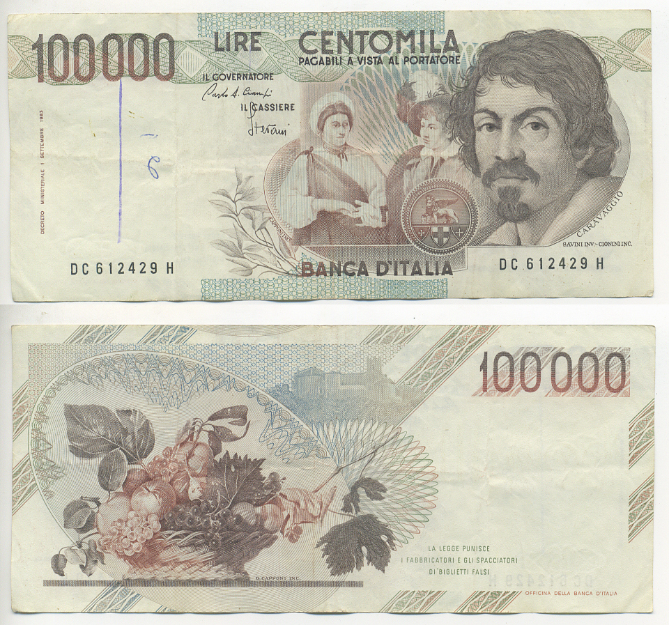 Италия 100000 лир 1983 Караваджо, фруктовый букет, подпись Speziali Pick 110b бумага 7220-28-1