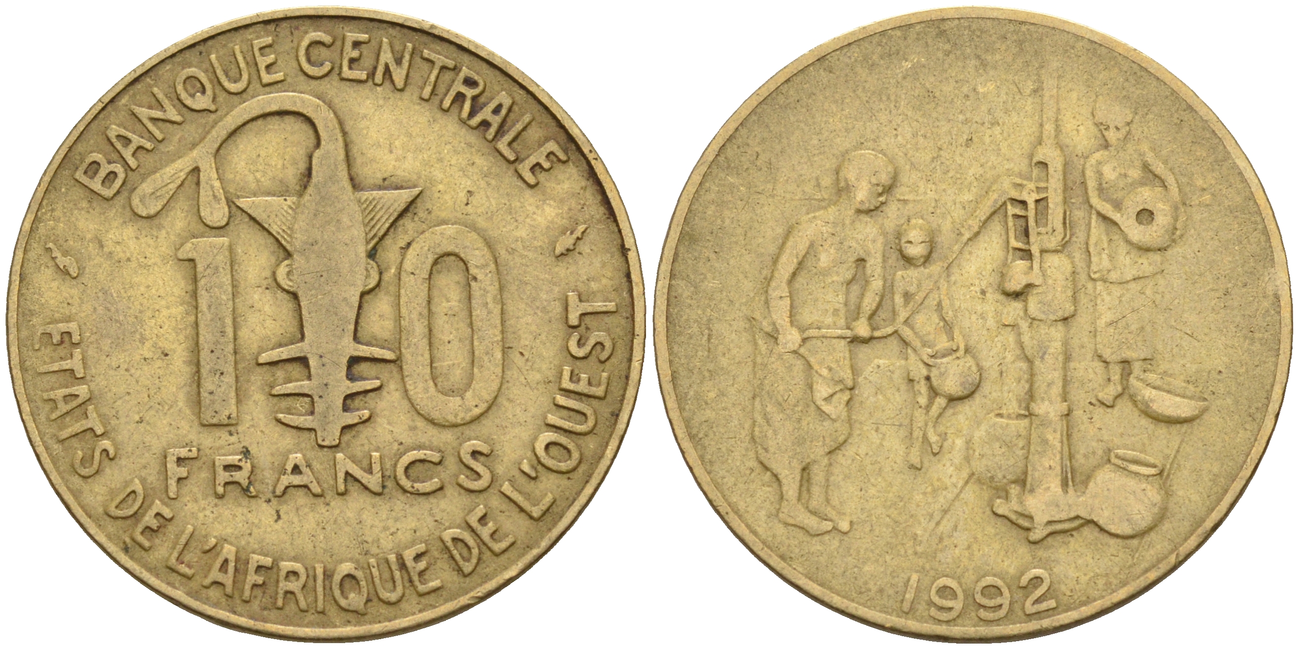 Валютное сообщество стран Западной Африки 10 франков 1992 FAO KM 10 латунь    4595-721