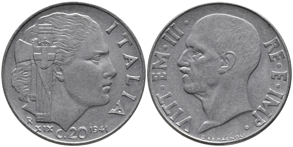 ИТАЛИЯ 20 ЧЕНТЕЗИМО 1941 R, ВИКТОР ИМАНУИЛ, XXII ГОД, МАГНИТНАЯ KM 75b нержавеющая сталь 84-552