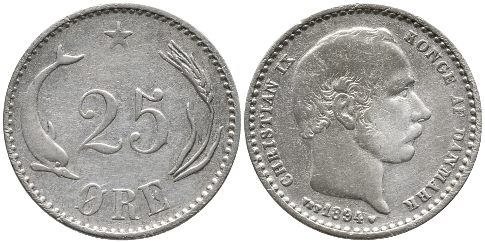 Дания 25 эре 1894 VBP, Кристиан IX (1863-1906) KM 796.2 серебро 100-733