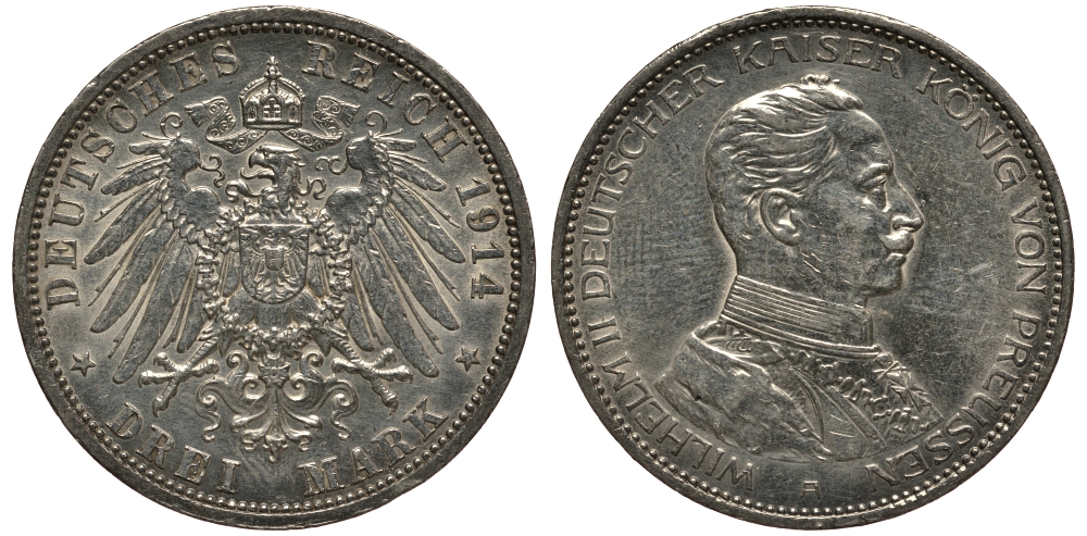 Пруссия 3 марки 1914 Вильгельм II (1888-1918) в мундире KM 538, J.113 серебро 3711-614