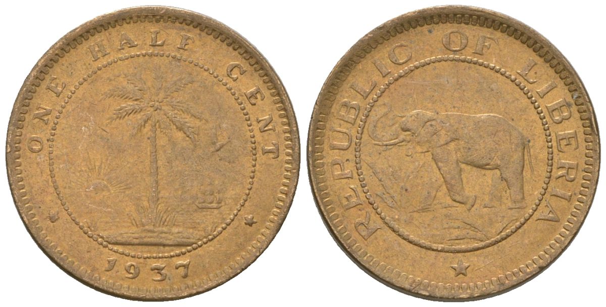 Либерия 1/2 цента 1937 KM 10 латунь aUNC 4585-835