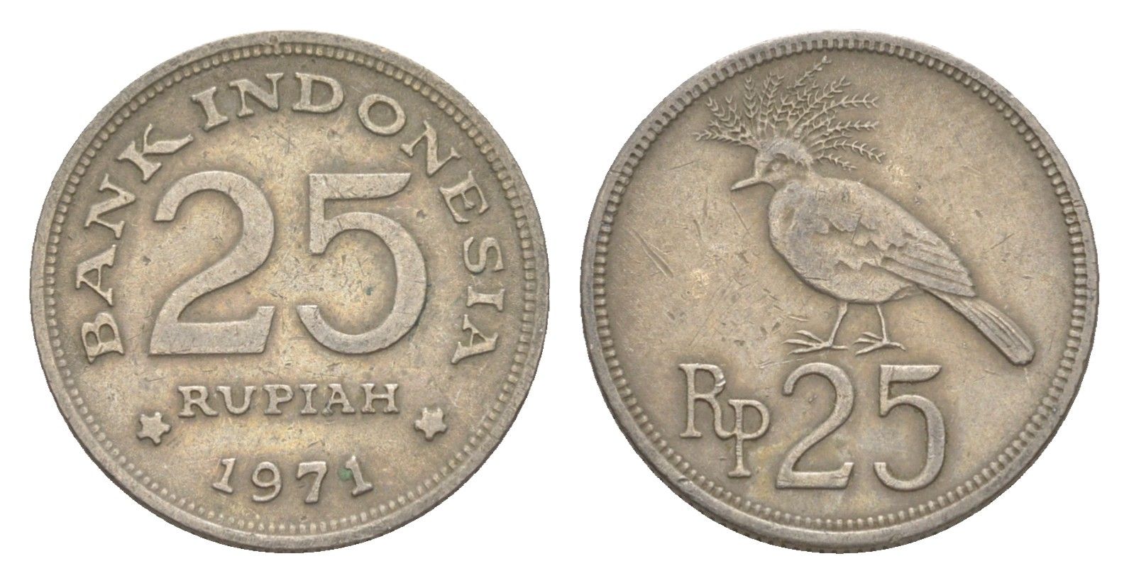 Индонезия 25 рупий 1971 венценосный голубь KM 34 медно-никель 4644-1237