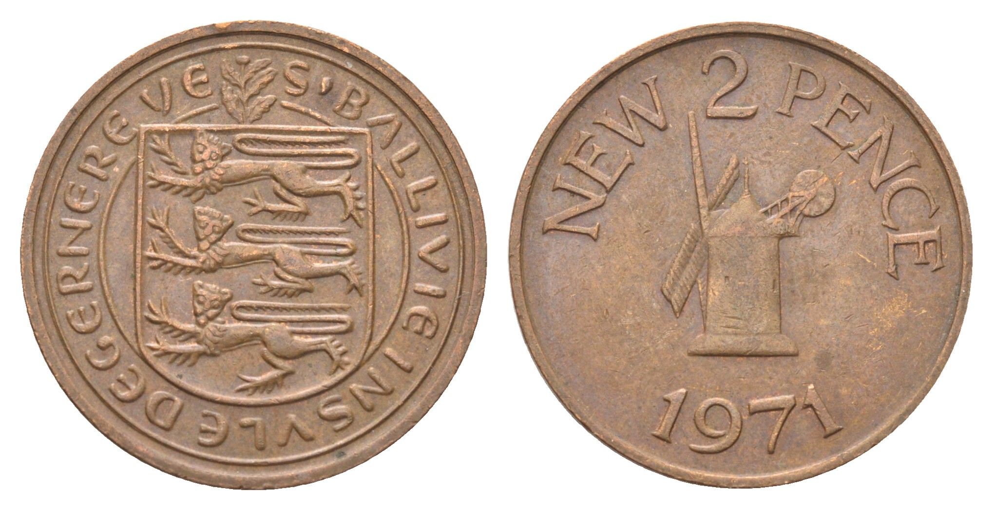 Гернси 2 новых пенса 1971 Елизавета II (1952-2022), ветряная мельница KM 22 бронза 4703-1052