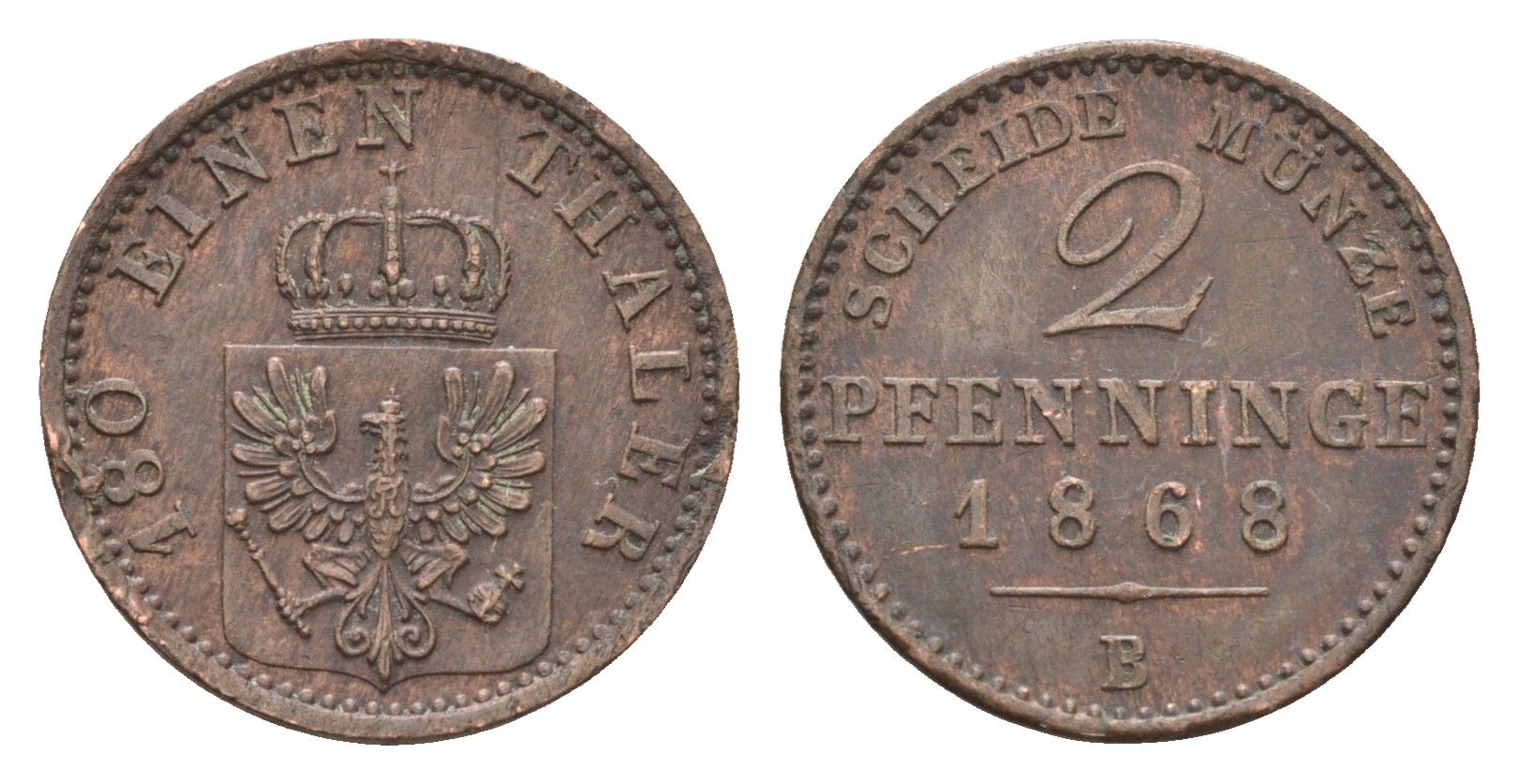 Пруссия 2 пфеннига 1868 B, Вильгельм I (1861-1888) KM 481 медь 4151-1154