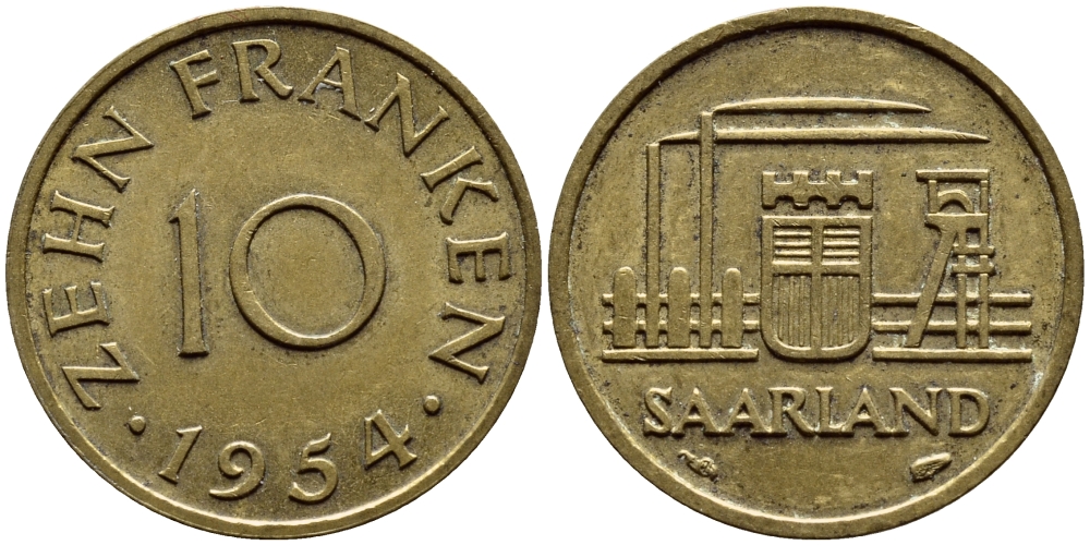 Саарланд 10 франков 1954 индустрия KM 1 алюминиевая бронза 87-231