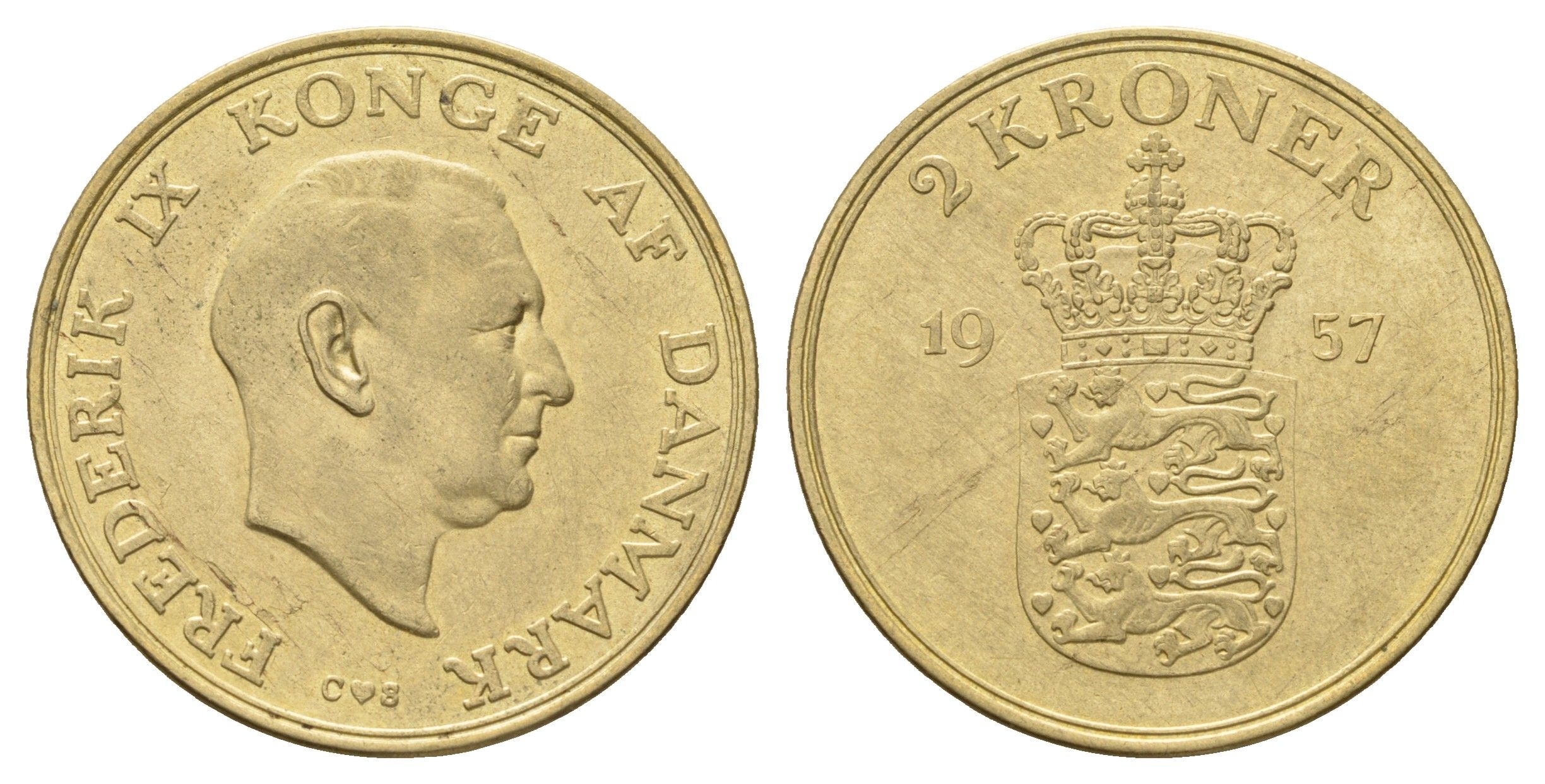Дания 2 кроны 1957 С, Фредерик IX (1947-1972) KM 838 алюминиевая бронза 4680-236