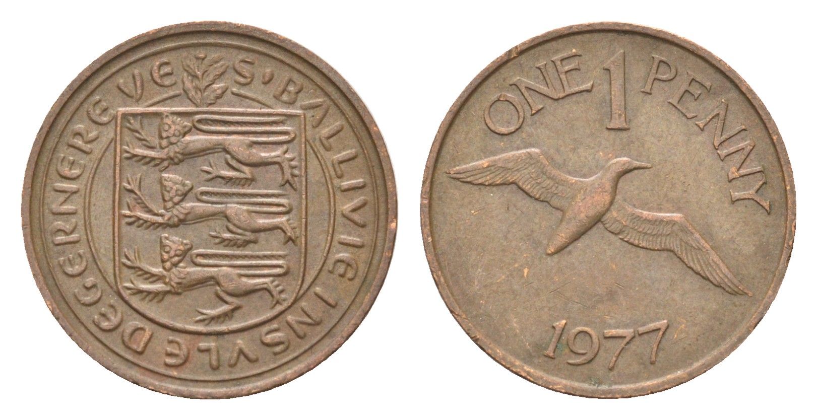 Гернси 1 пенни 1977 Елизавета II (1952-2022), северная олуша в полете KM 27 бронза 4702-718