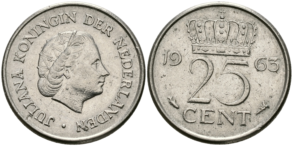 НИДЕРЛАНДЫ 25 ЦЕНТОВ 1963 ЮЛИАНА KM 183 никель 96-153