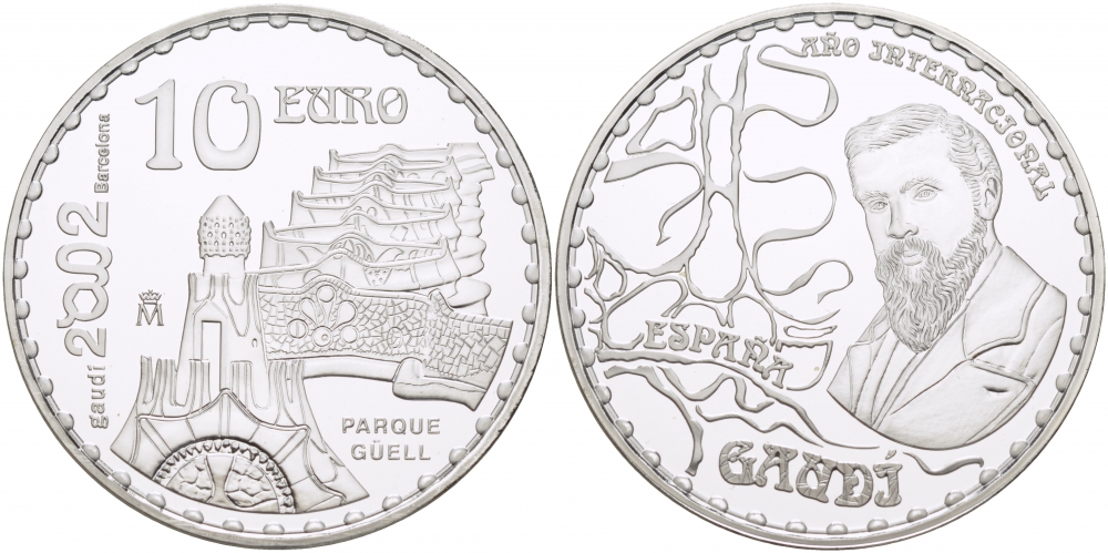 Испания 10 евро 2002 150 лет со дня рождения Антонио Гауди, Парк Гуэль KM 1084 серебро PROOF 11-011-43