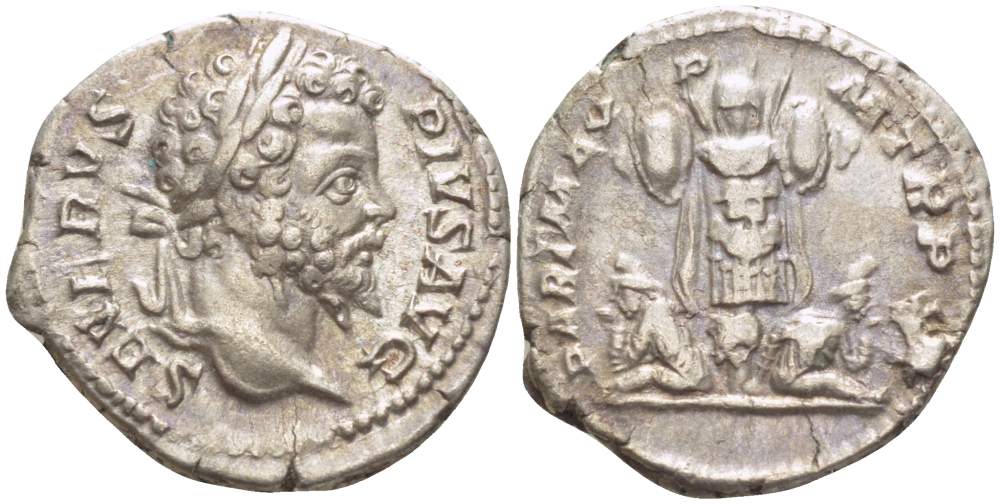 Римская Империя денарий 201 Септимий Север, SEVERVS PIVS AVG, бюст императора / PART MAX M TR P X, два пленника у воздвигнутого трофея, Рим, 3,23 гр RIC 372 серебро 1073-18-71