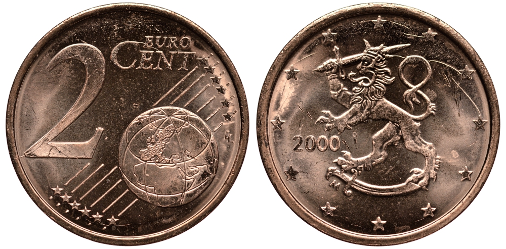ФИНЛЯНДИЯ 2 ЕВРОЦЕНТА 2000 KM 99 сталь плакированная медью UNC 4181-458