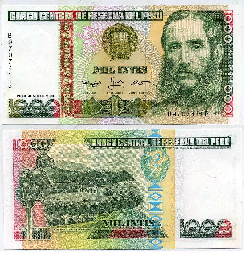 Перу 1000 инти 1988 Андрес Авелино Касерес, руины Чан-Чан Pick 136 b бумага UNC (пресс) 6287-36-2-2