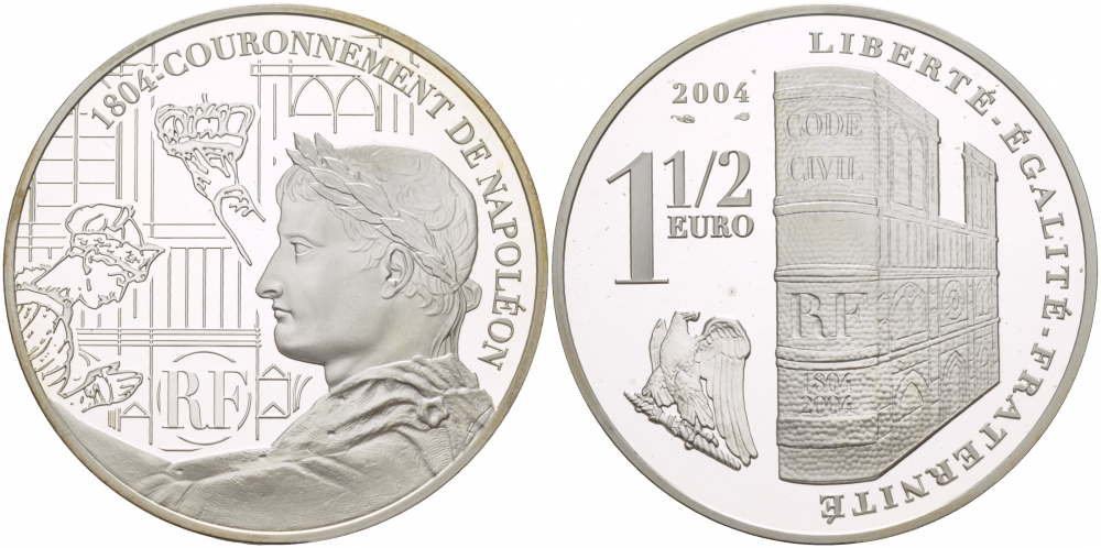 Франция 1 1/2 евро 2004 200 лет со дня коронации Наполеона Бонапарта KM 1366 серебро PROOF 1088-5-63
