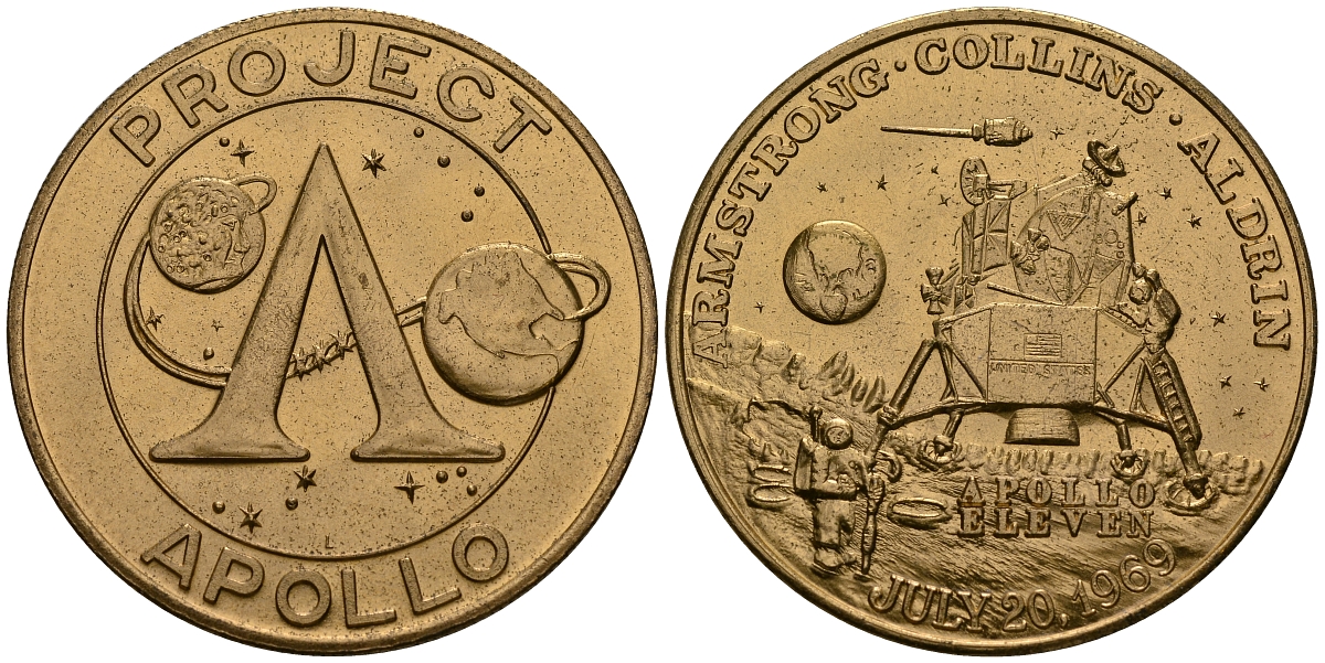 США МЕДАЛЬ ND ПЕРВАЯ ВЫСАДКА НА ЛУНУ, АПОЛЛОН 11, 39 мм, 26,0 гр Латунь UNC 179-1115