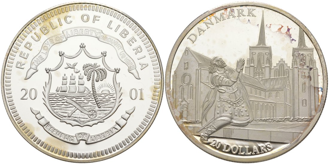 Либерия 20 долларов 2001 серия церкви Европы, Дания серебро PROOF 00-000-00