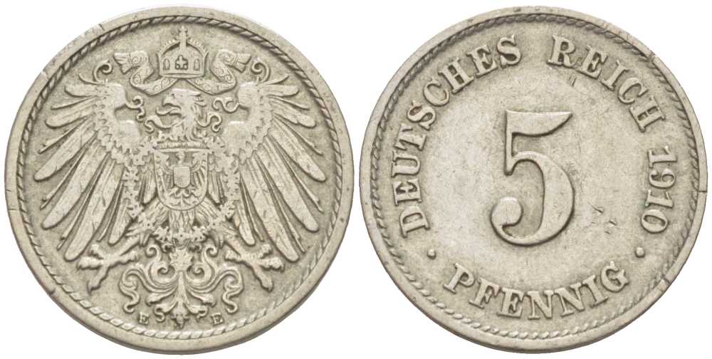 Германия 5 пфеннигов 1910 E KM 11, Jager 12, Weege 6 медно-никель 105-142