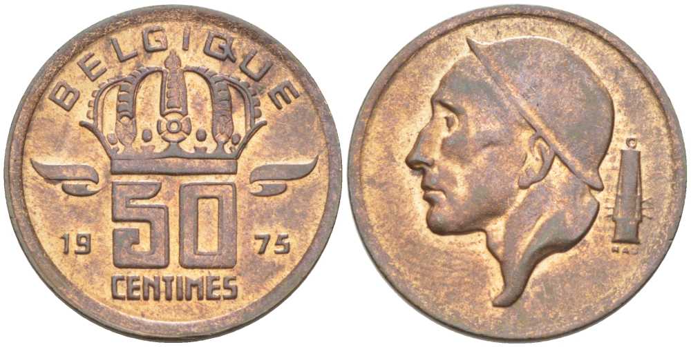 БЕЛЬГИЯ 50 САНТИМОВ 1975 BELGIQUE, БОДУЭН I (1951-1993) KM 148.1 бронза 206-217