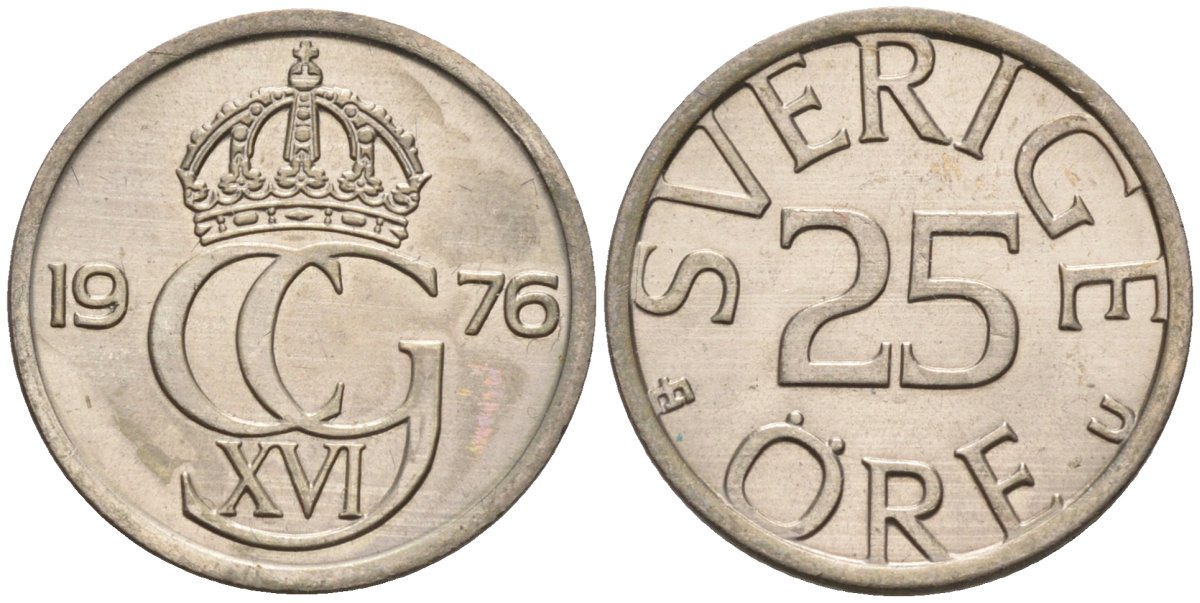 Швеция 25 эре 1976 Карл XVI Густав (1973- ) KM 851 медно-никель UNC 4585-512