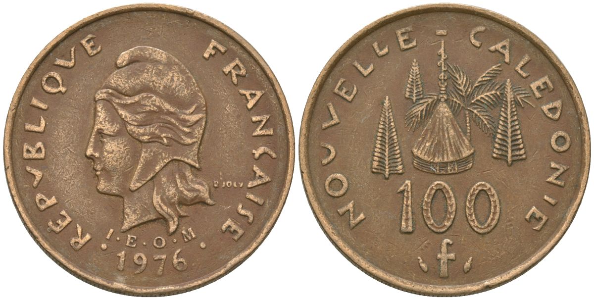 Французская Новая Каледония 100 франков 1976 хижина среди сосен и пальм, (IEOM) KM 15, Schoen 16, Lec 130 никель бронза 88-816