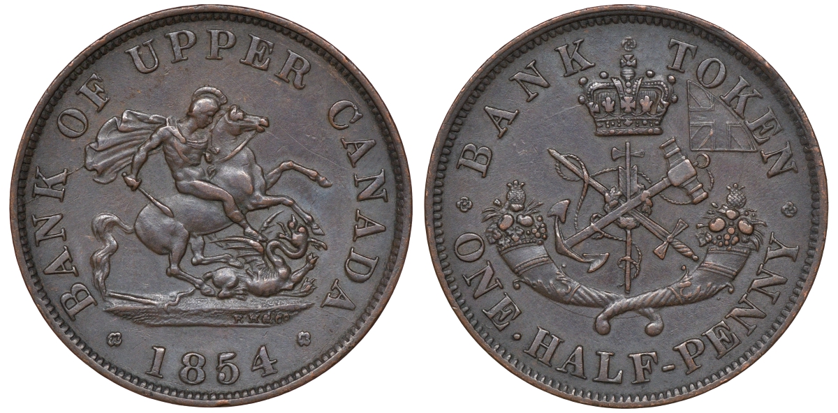 Канада 1/2 пенни 1854 банка Верхней Канады, Upper Canada CCT PC-5C, Breton His 720, KM Tn2 медь 1531-135