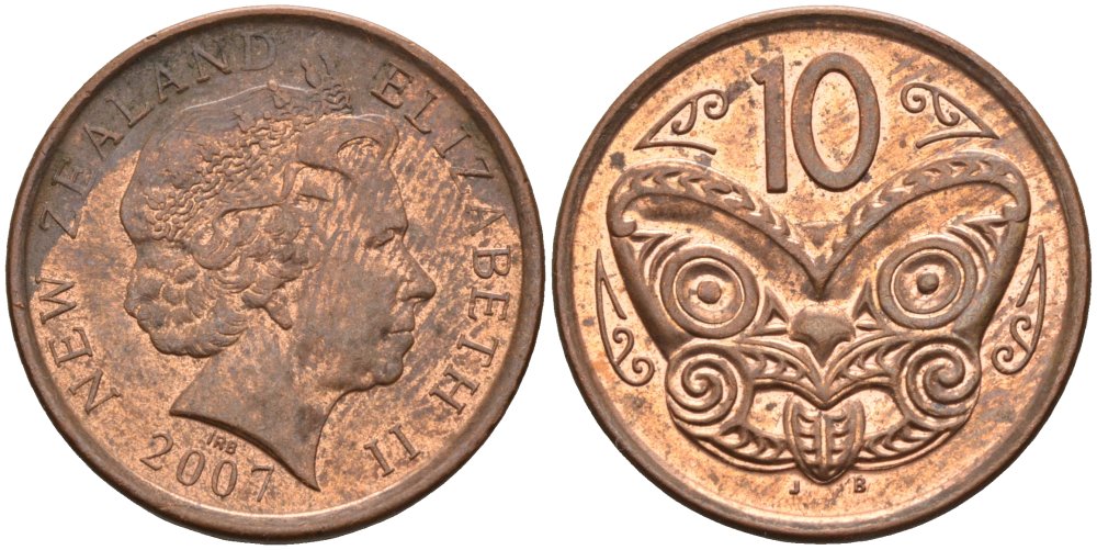 Новая Зеландия 10 центов 2007 маска Маори, Елизавета II (1952-) KM 117а сталь плакированная медью 4579-1254
