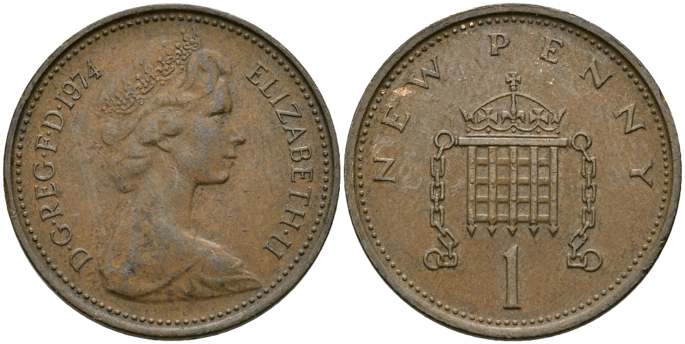 Великобритания 1 пенни 1974 Елизавета II (1952-2022) KM 915, Spink 4237 (B1) бронза 4396-1135