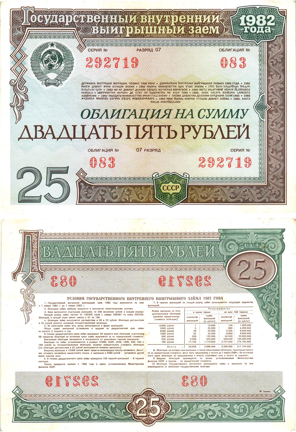 СССР облигация в 25 рублей 1982 государственный внутренний выигрышный заем, разряд 07   бумага   8609-52-1-2