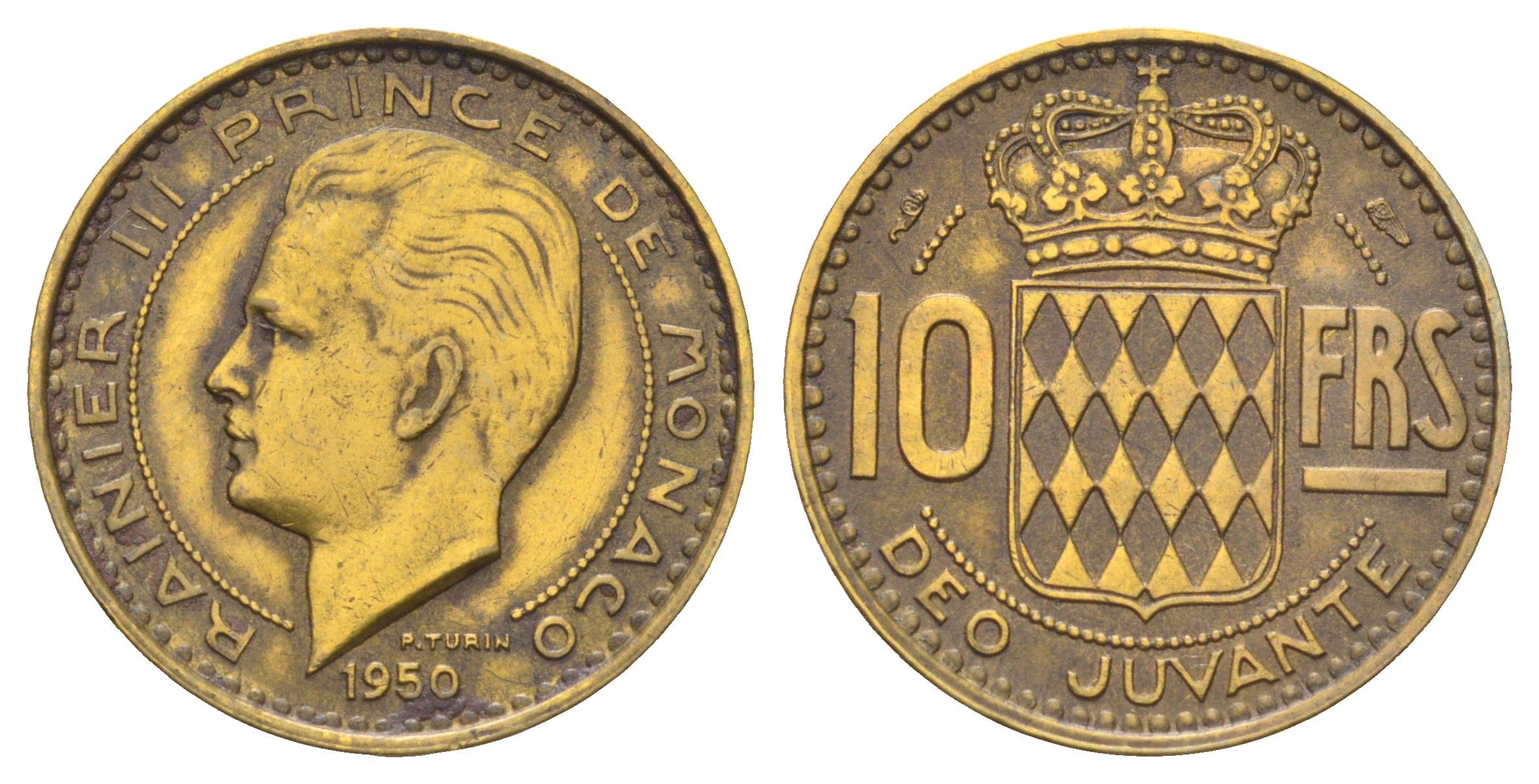 Монако 10 франков 1950 Ренье III (1949-2005) KM 130 алюминиевая бронза 4668-1136