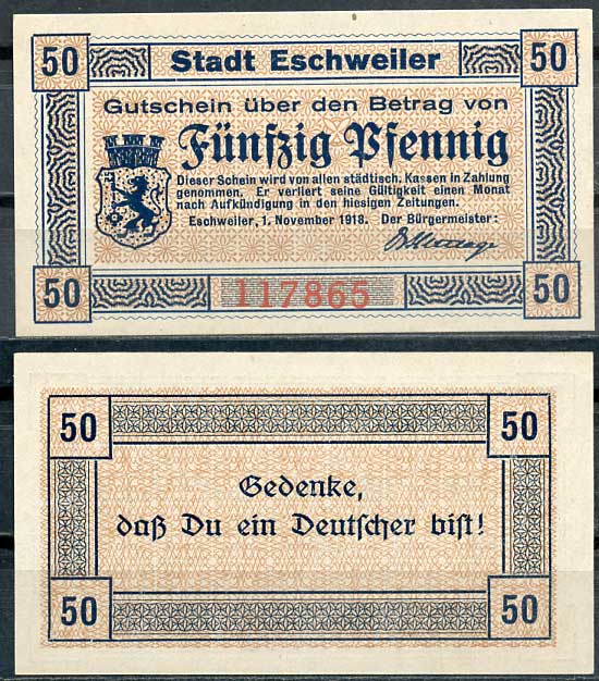 Германия, Эшвайлер 50 пфеннигов 1918 нотгельд, 1.11.1918 бумага UNC (пресс) 8614-46-2-2