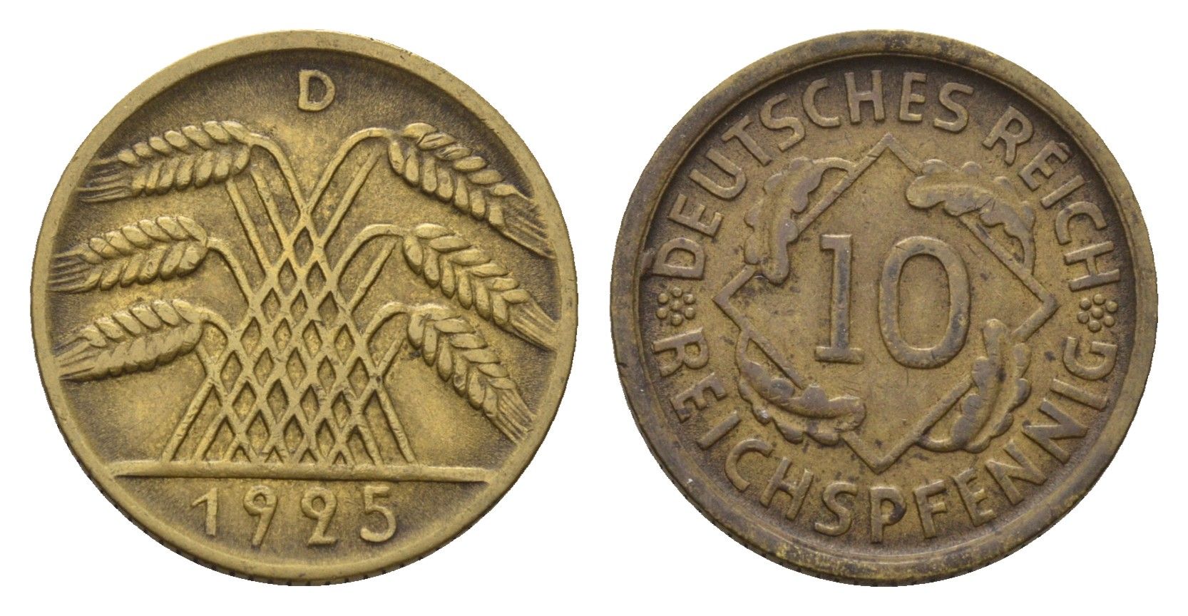 Германия 10 рейхспфеннигов 1925 D KM 40, J. 317 алюминиевая бронза 4651-736