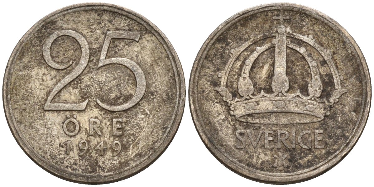Швеция 25 эре 1949 TS, Густав V (1907-1950) KM 816 серебро 4147-1013