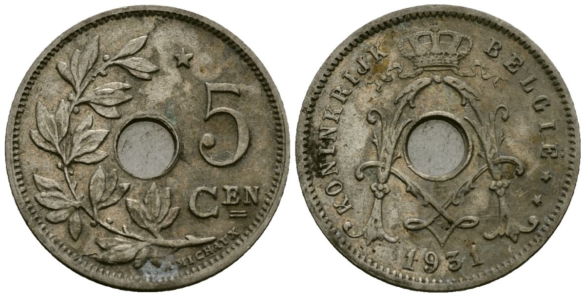 Бельгия 5 сантимов 1931 Belgie KM 67 медно-никель 4173-337