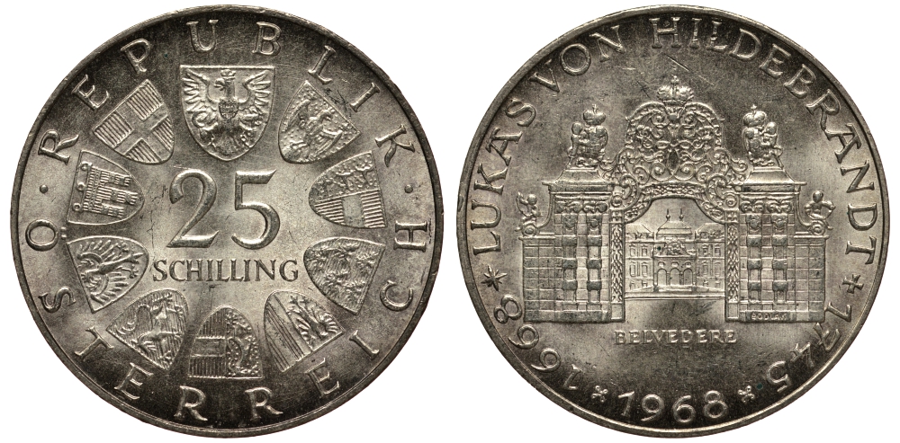 Австрия 25 шиллингов 1968 300 лет со дня рождения Иоганн Лукас фон Хильдебрандт (1668-1745) KM 2903 серебро аUNC 1519-232