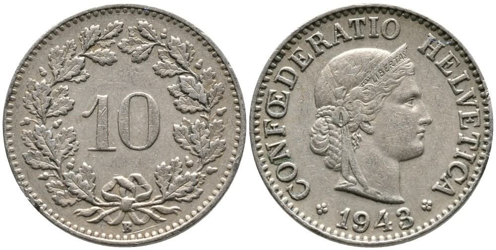 ШВЕЙЦАРИЯ 10 РАППЕНОВ 1943 В KM 27 медно-никель 4539-442