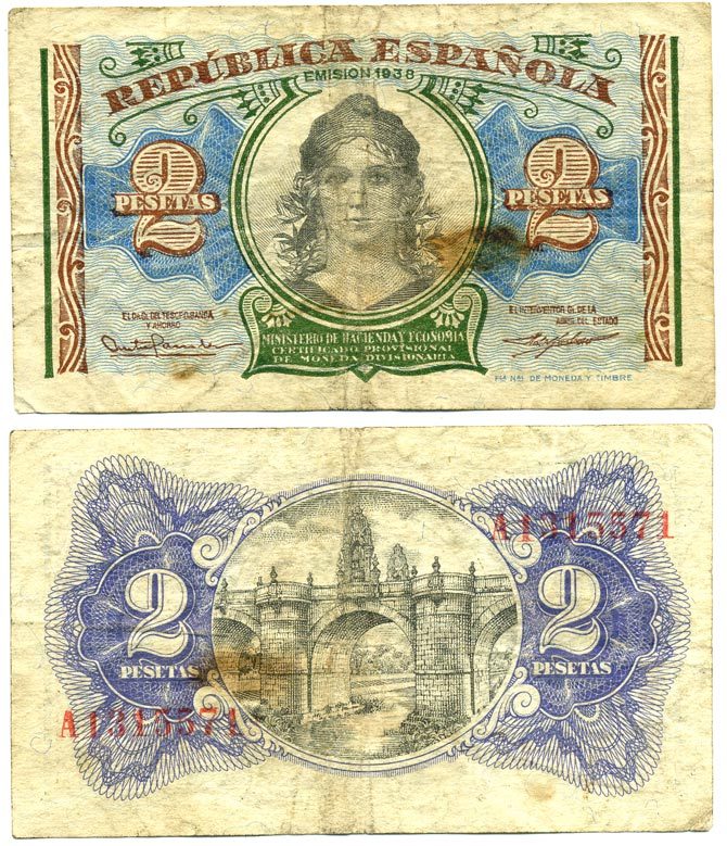 ИСПАНИЯ 2 ПЕСЕТЫ 1938 МОСТ ТОЛЕДО В МАДРИДЕ В СТИЛЕ БАРОККО Pick 95 бумага 7484-20-1-2