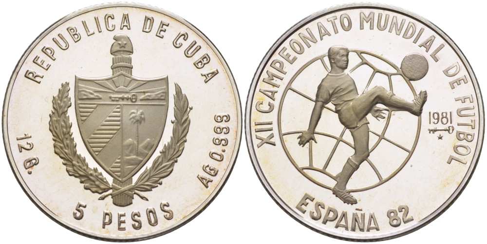 Куба 5 песо 1981 чемпионат мира по футболу в Испании 1982 года, игрок с мячом на фоне глобуса KM 77 серебро PROOF 1087-1-43